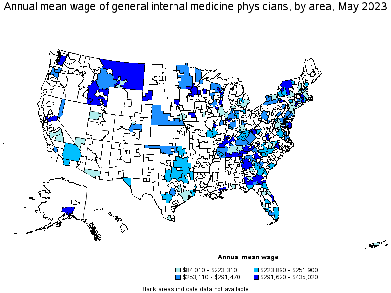 Map of annual mean wages of general internal medicine physicians by area, May 2022