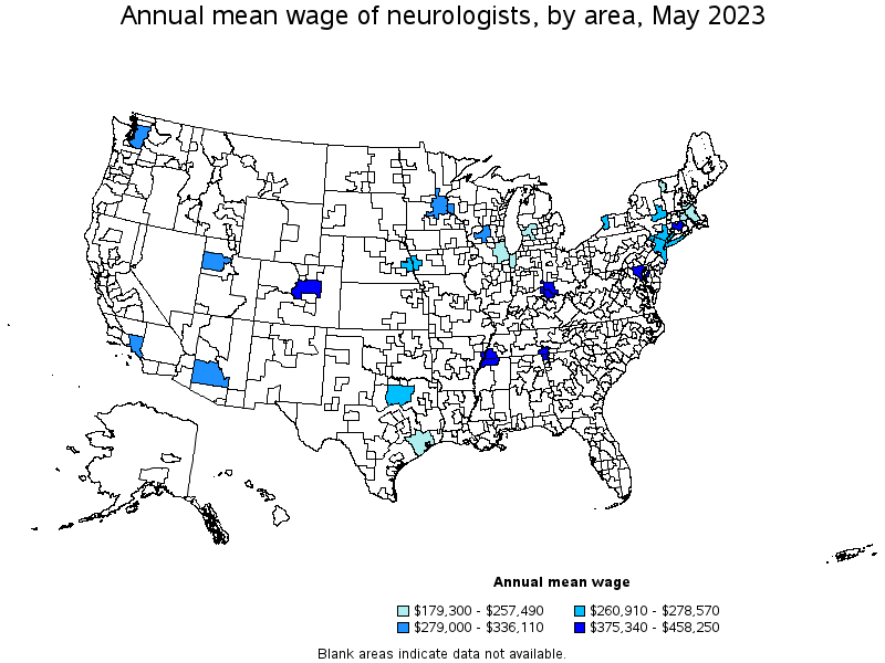 Map of annual mean wages of neurologists by area, May 2022