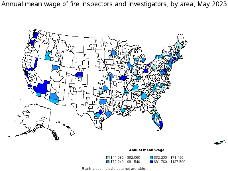 Map of annual mean wages of fire inspectors and investigators by area, May 2021