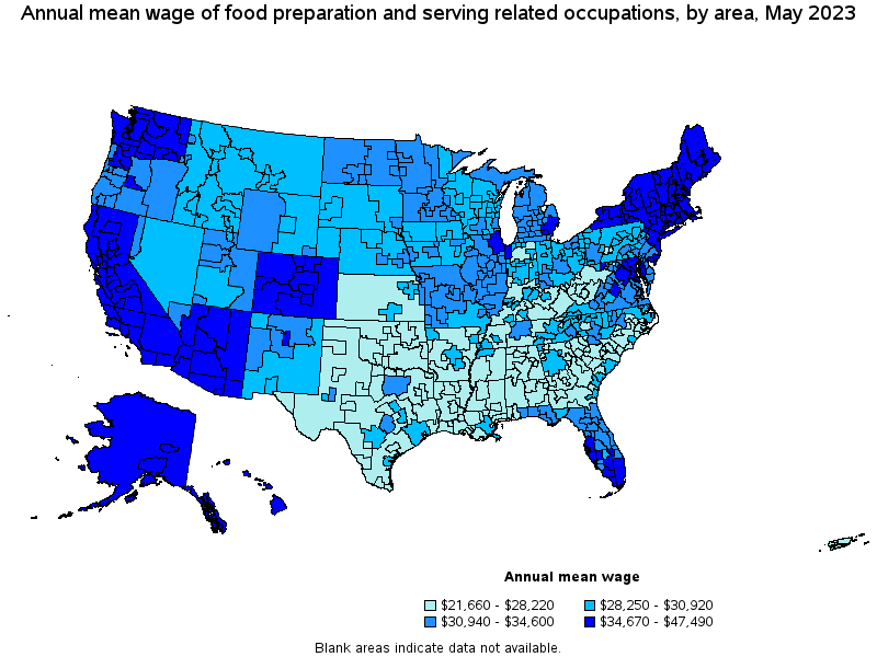 Map of annual mean wages of food preparation and serving related occupations by area, May 2023