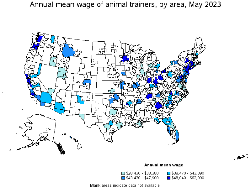 Map of annual mean wages of animal trainers by area, May 2021