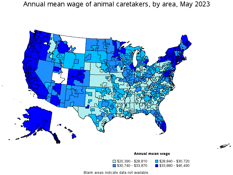 Map of annual mean wages of animal caretakers by area, May 2022