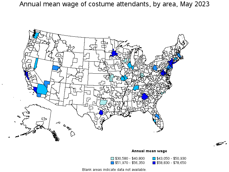 Map of annual mean wages of costume attendants by area, May 2021