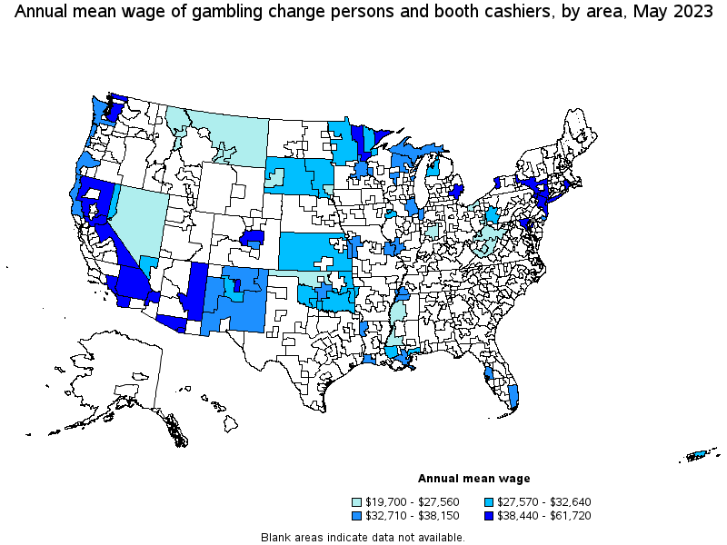 Map of annual mean wages of gambling change persons and booth cashiers by area, May 2021