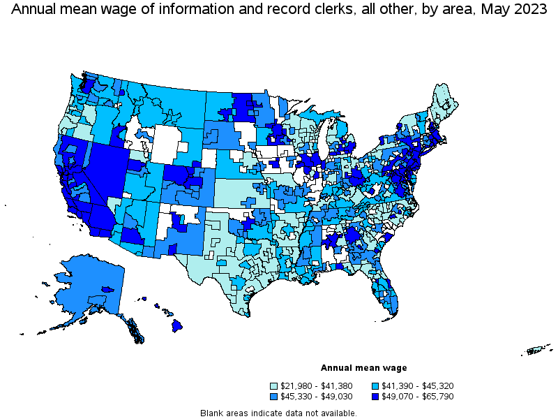 Map of annual mean wages of information and record clerks, all other by area, May 2023