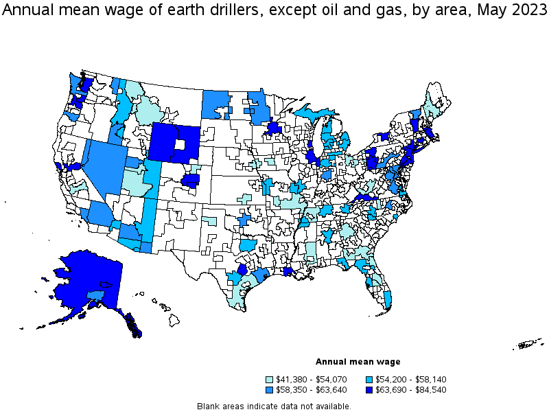 Map of annual mean wages of earth drillers, except oil and gas by area, May 2022