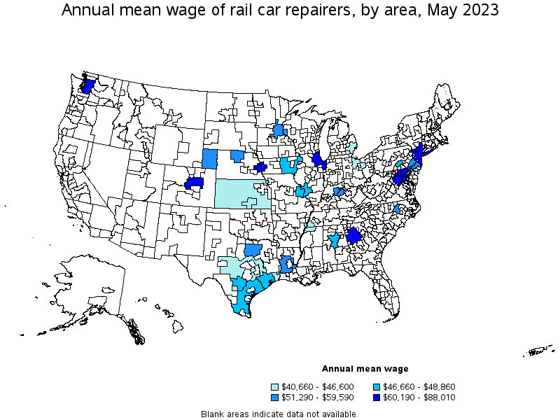 Map of annual mean wages of rail car repairers by area, May 2022