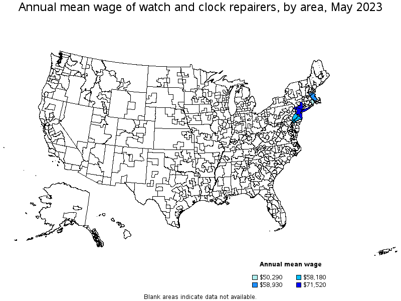 Map of annual mean wages of watch and clock repairers by area, May 2021