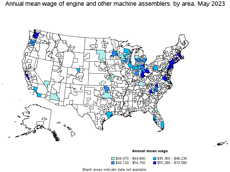 Map of annual mean wages of engine and other machine assemblers by area, May 2022