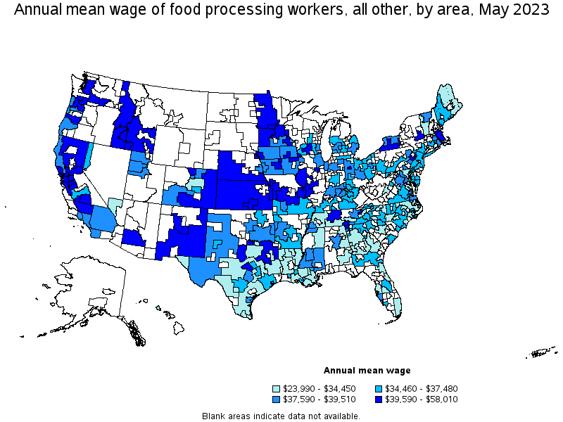 Map of annual mean wages of food processing workers, all other by area, May 2021
