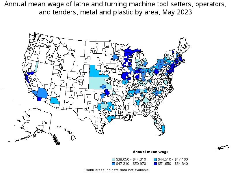 Map of annual mean wages of lathe and turning machine tool setters, operators, and tenders, metal and plastic by area, May 2022