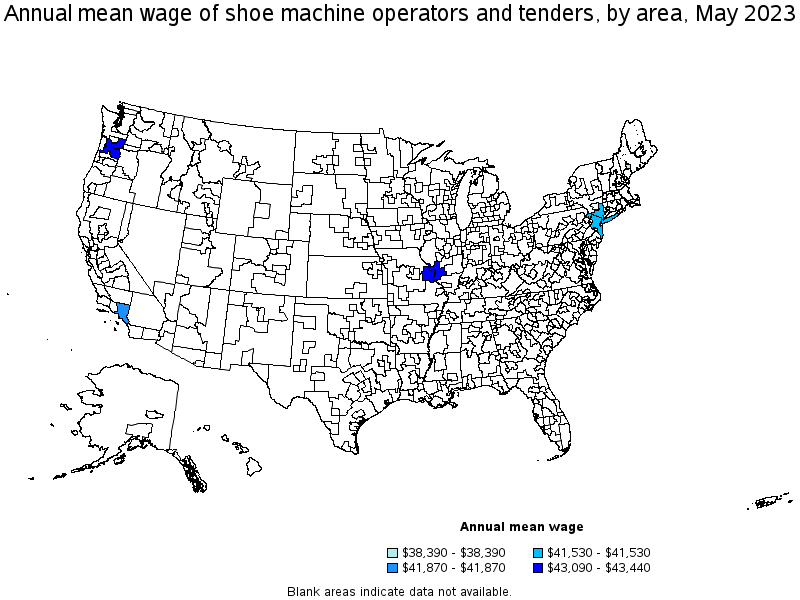 Map of annual mean wages of shoe machine operators and tenders by area, May 2022