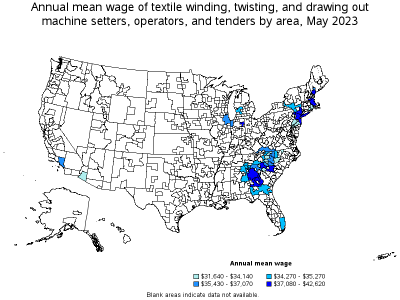 Map of annual mean wages of textile winding, twisting, and drawing out machine setters, operators, and tenders by area, May 2021