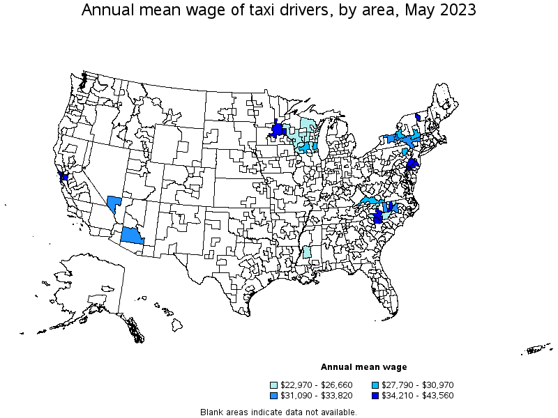 Map of annual mean wages of taxi drivers by area, May 2022