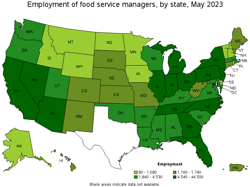 Map of employment of food service managers by state, May 2021