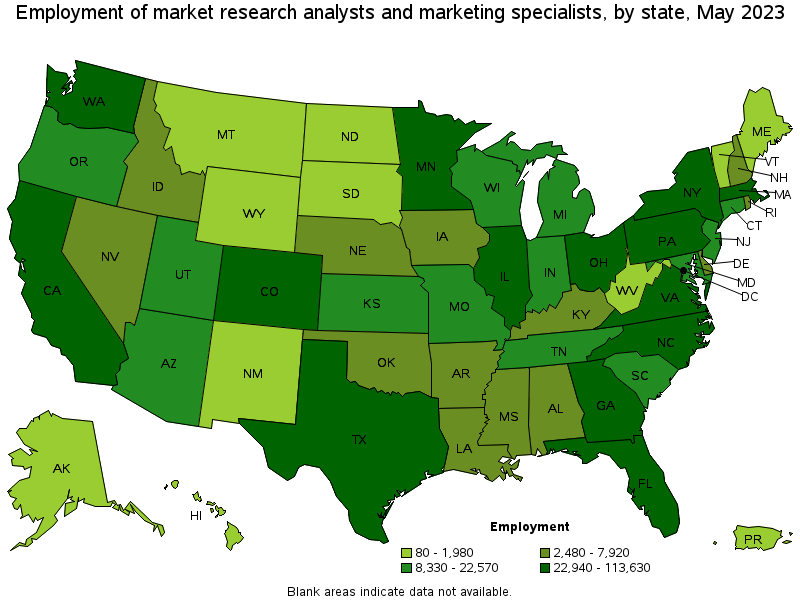 Map of employment of market research analysts and marketing specialists by state, May 2021