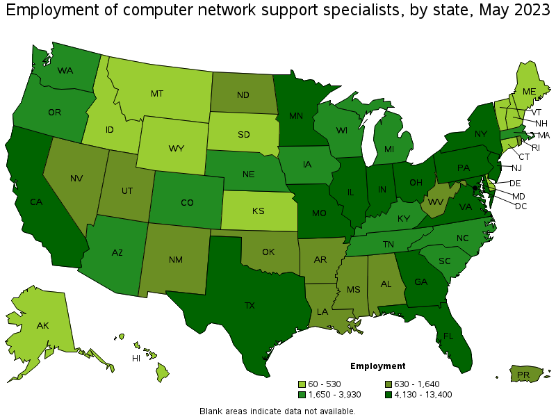 Map of employment of computer network support specialists by state, May 2021
