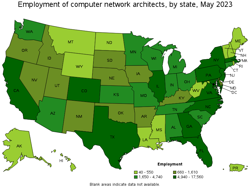 Map of employment of computer network architects by state, May 2022