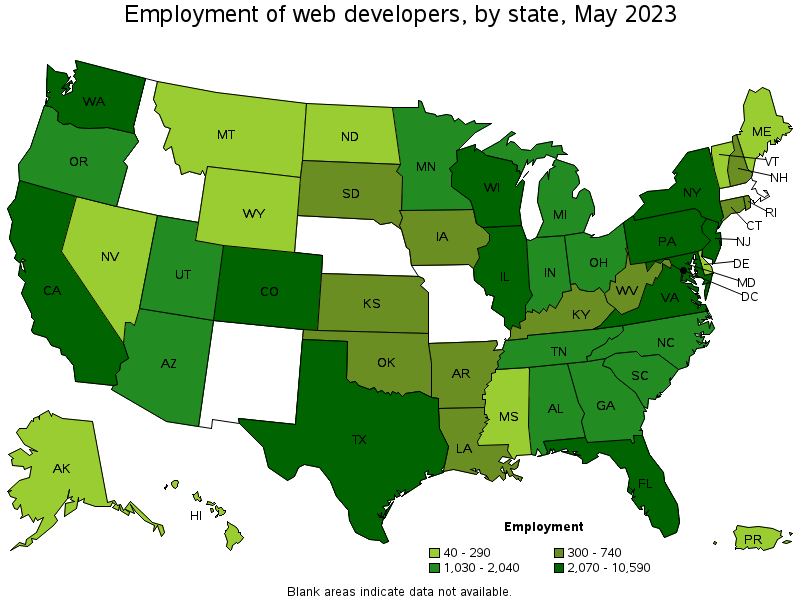 Map of employment of web developers by state, May 2022