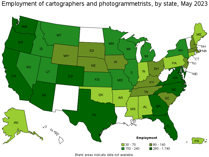Map of employment of cartographers and photogrammetrists by state, May 2021