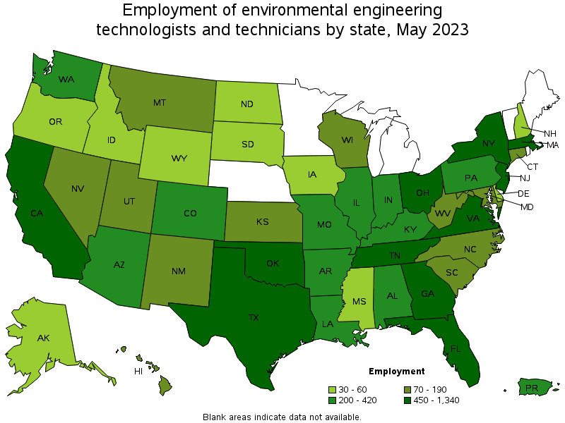 Map of employment of environmental engineering technologists and technicians by state, May 2021