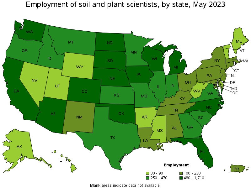 Map of employment of soil and plant scientists by state, May 2022