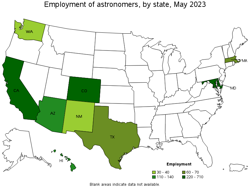 Map of employment of astronomers by state, May 2022