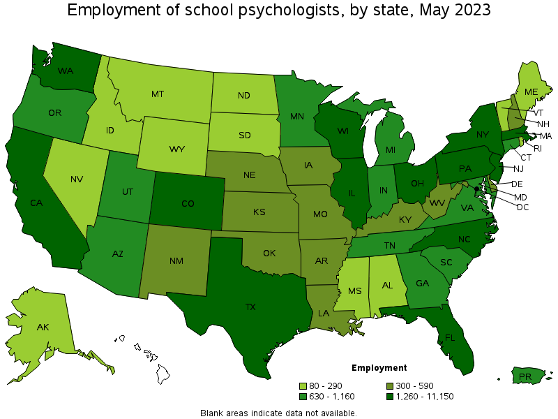 Map of employment of school psychologists by state, May 2021