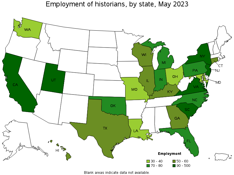 Map of employment of historians by state, May 2022