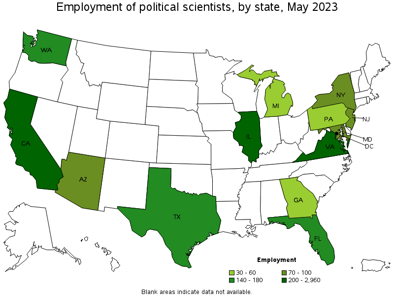 Map of employment of political scientists by state, May 2022