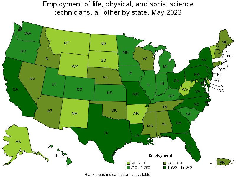 Map of employment of life, physical, and social science technicians, all other by state, May 2021