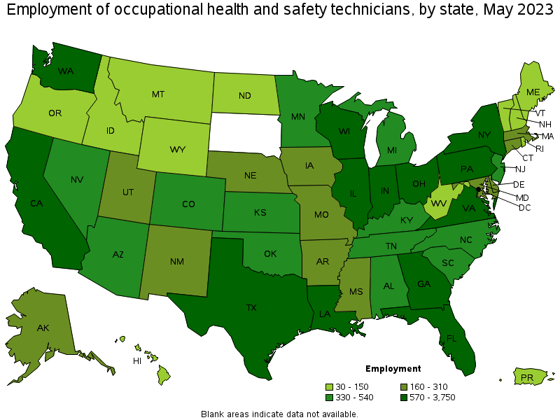 Map of employment of occupational health and safety technicians by state, May 2021