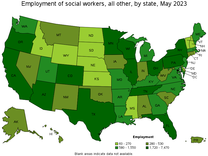 Map of employment of social workers, all other by state, May 2021