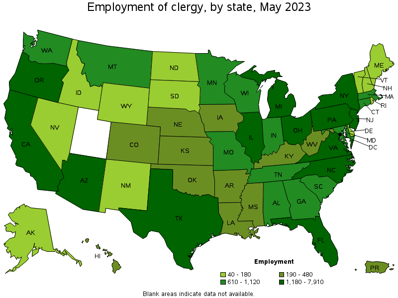 Map of employment of clergy by state, May 2022