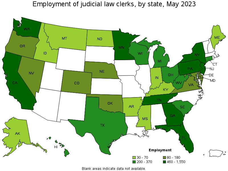 Map of employment of judicial law clerks by state, May 2021