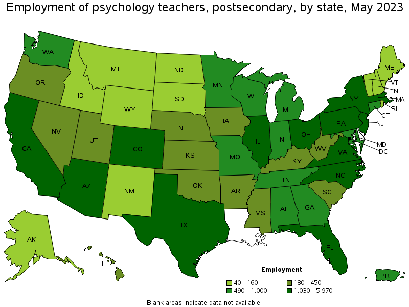 Map of employment of psychology teachers, postsecondary by state, May 2021