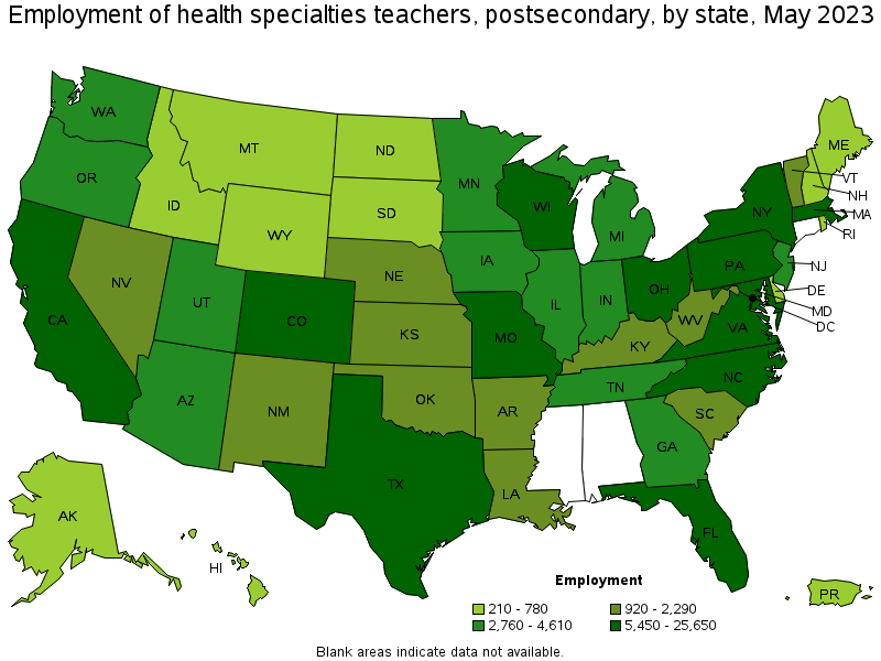 Map of employment of health specialties teachers, postsecondary by state, May 2021
