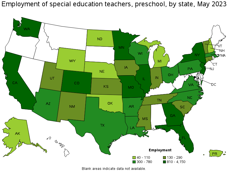 Map of employment of special education teachers, preschool by state, May 2022