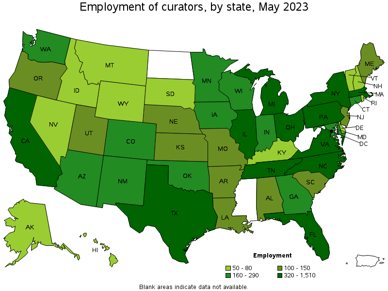 Map of employment of curators by state, May 2022