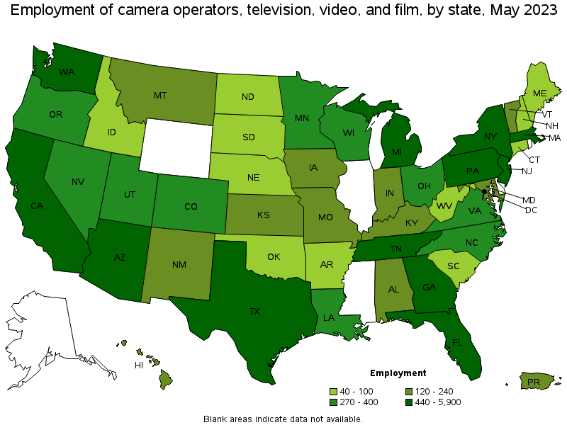 Map of employment of camera operators, television, video, and film by state, May 2022