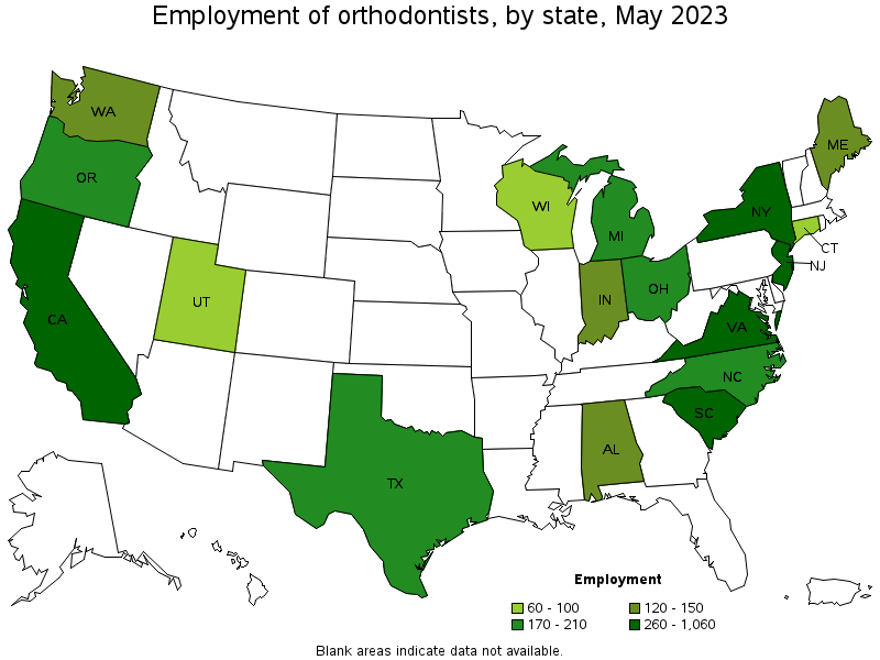 Map of employment of orthodontists by state, May 2022