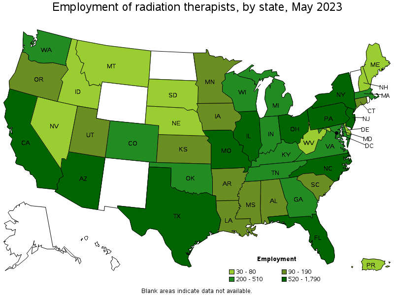 Map of employment of radiation therapists by state, May 2021