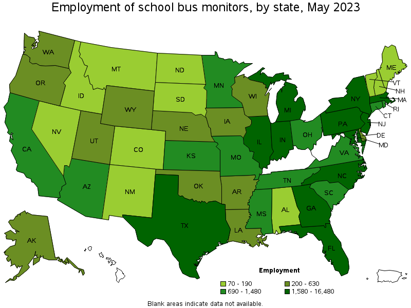 Map of employment of school bus monitors by state, May 2022