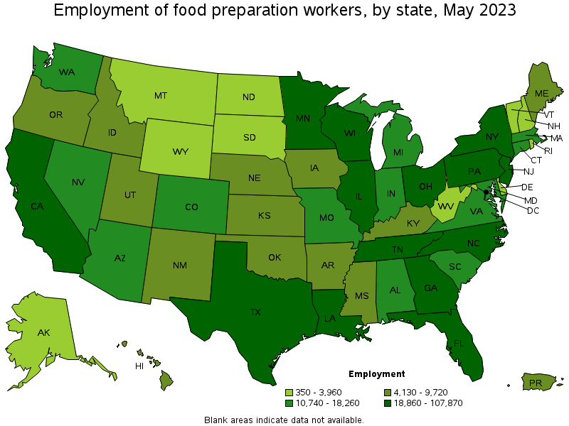 Map of employment of food preparation workers by state, May 2021