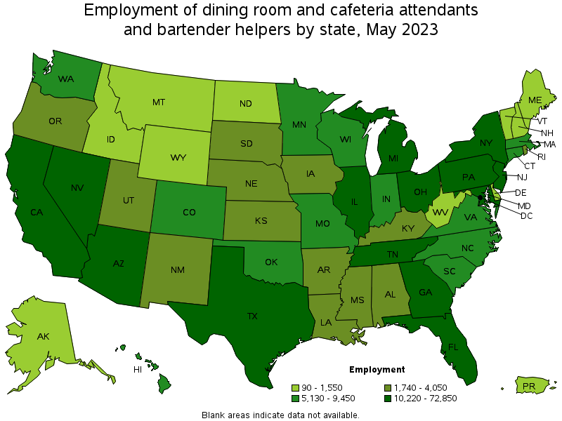 Map of employment of dining room and cafeteria attendants and bartender helpers by state, May 2021