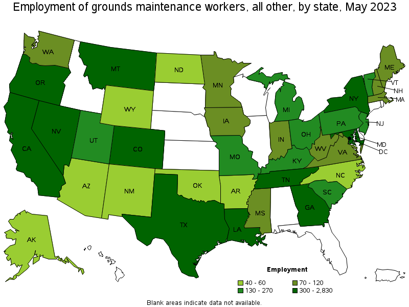 Map of employment of grounds maintenance workers, all other by state, May 2021