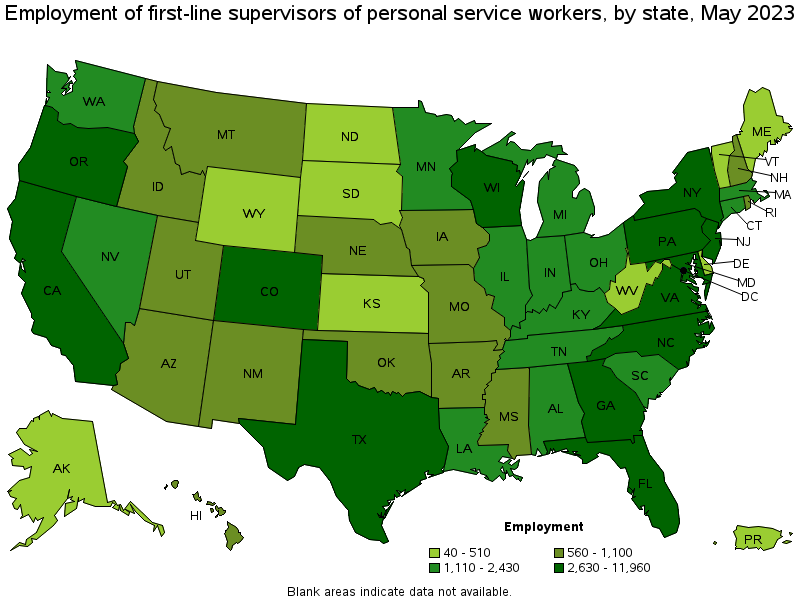 Map of employment of first-line supervisors of personal service workers by state, May 2022