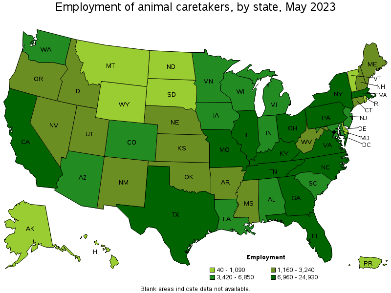 Map of employment of animal caretakers by state, May 2021