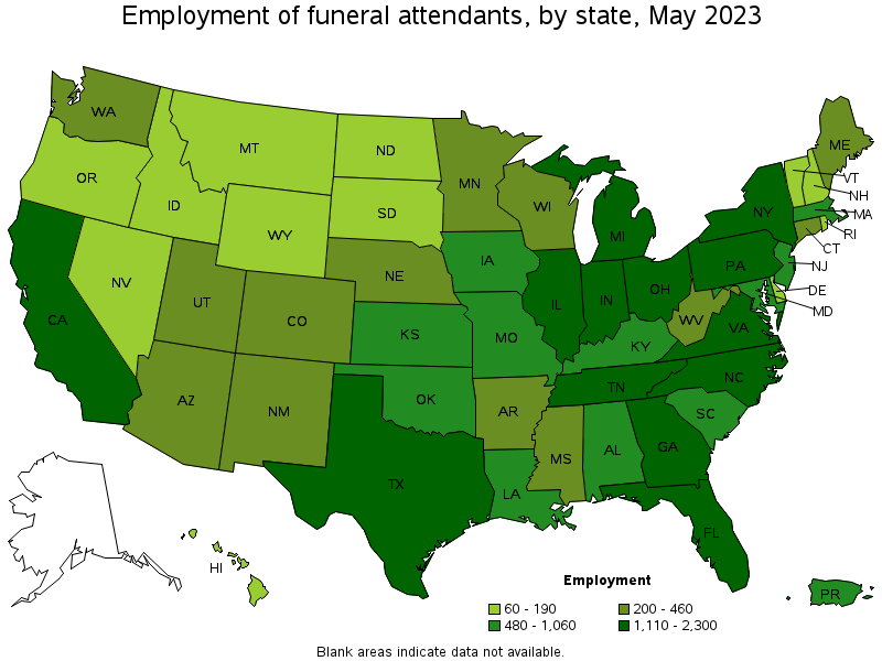 Map of employment of funeral attendants by state, May 2021