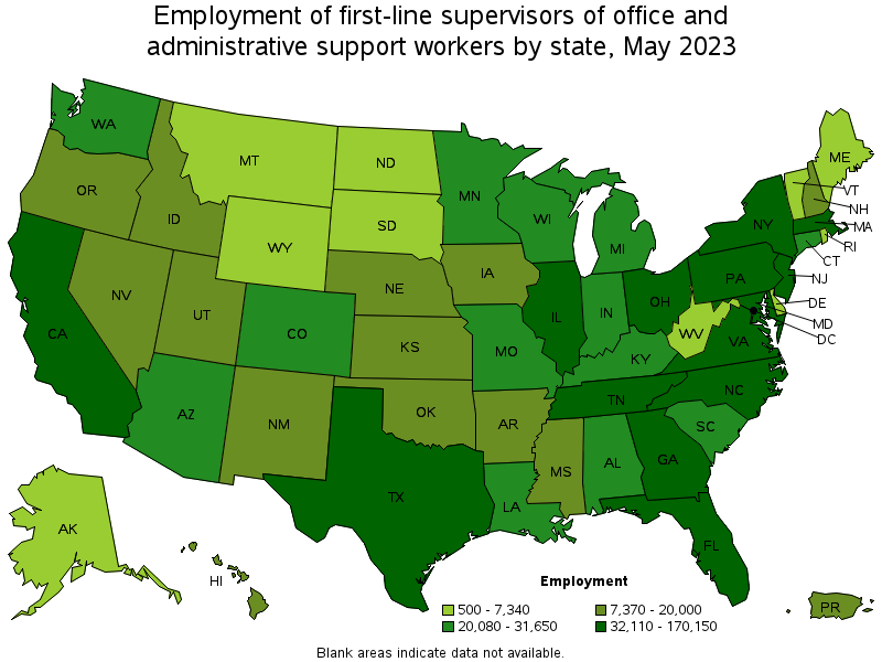 Map of employment of first-line supervisors of office and administrative support workers by state, May 2022